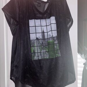 Ashley Stewart Black and Green Cityscape Mesh Top